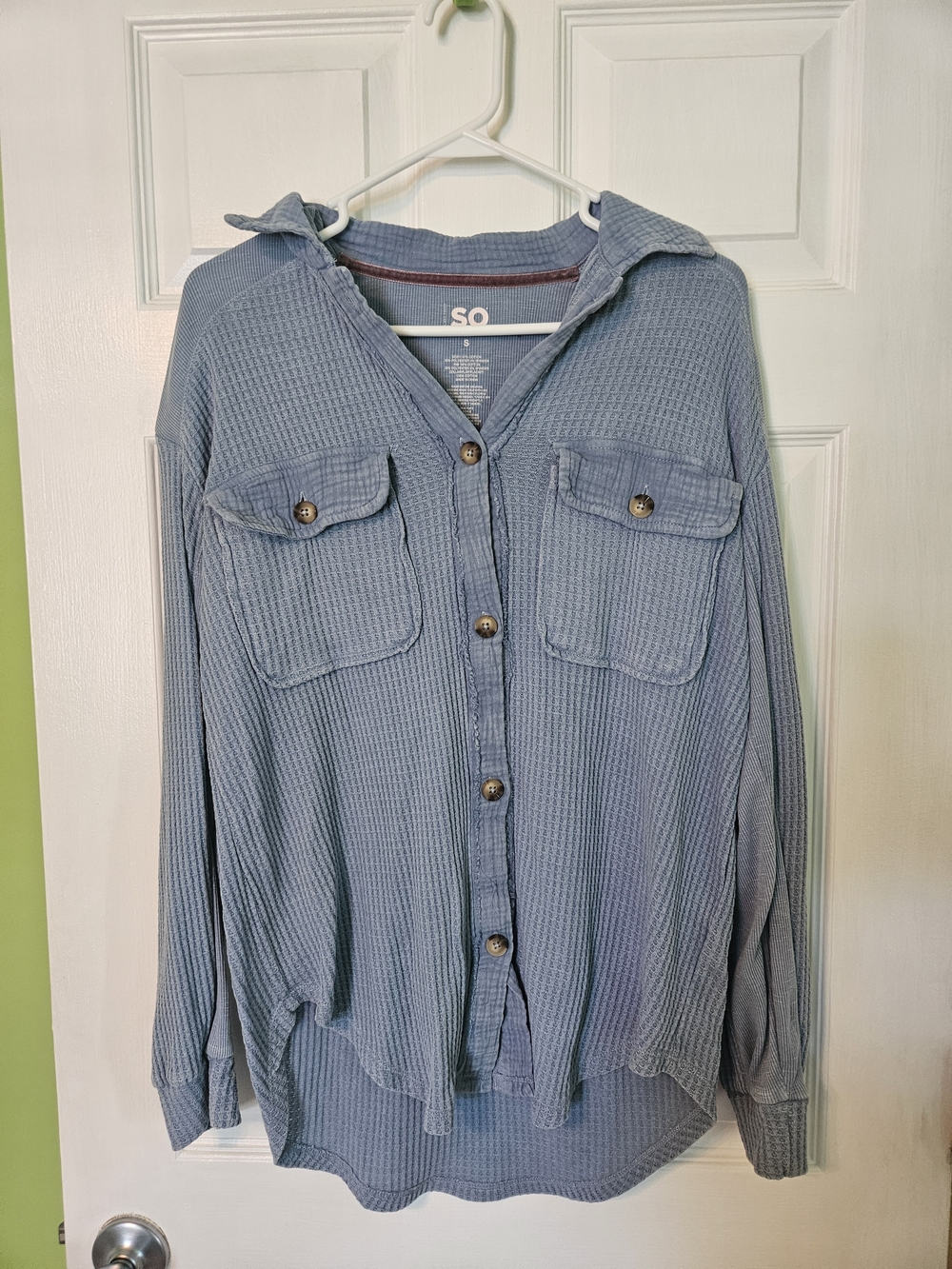 SO Women's Light Blue Waffle-Knit Button-Front Cardigan Shirt